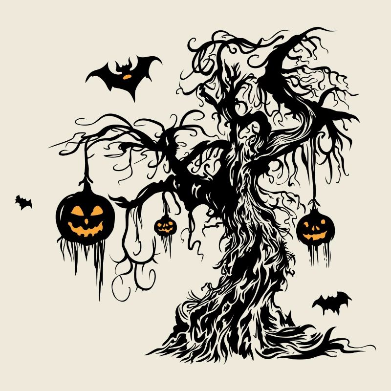 Halloween Tree with Pumpkin Lanterns Bat