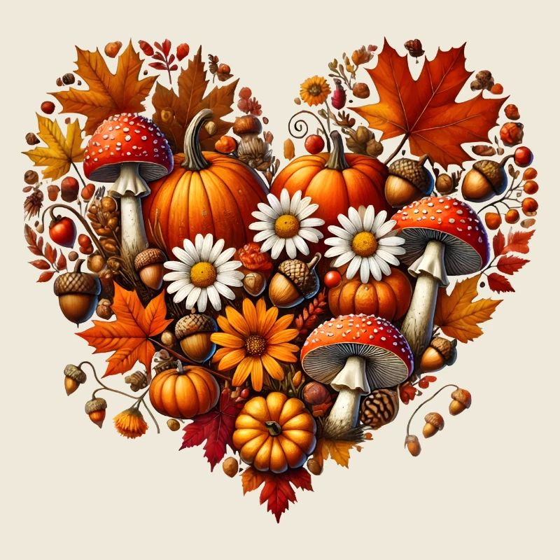 Cœur, rempli de citrouilles, de champignons et de feuilles d’automne