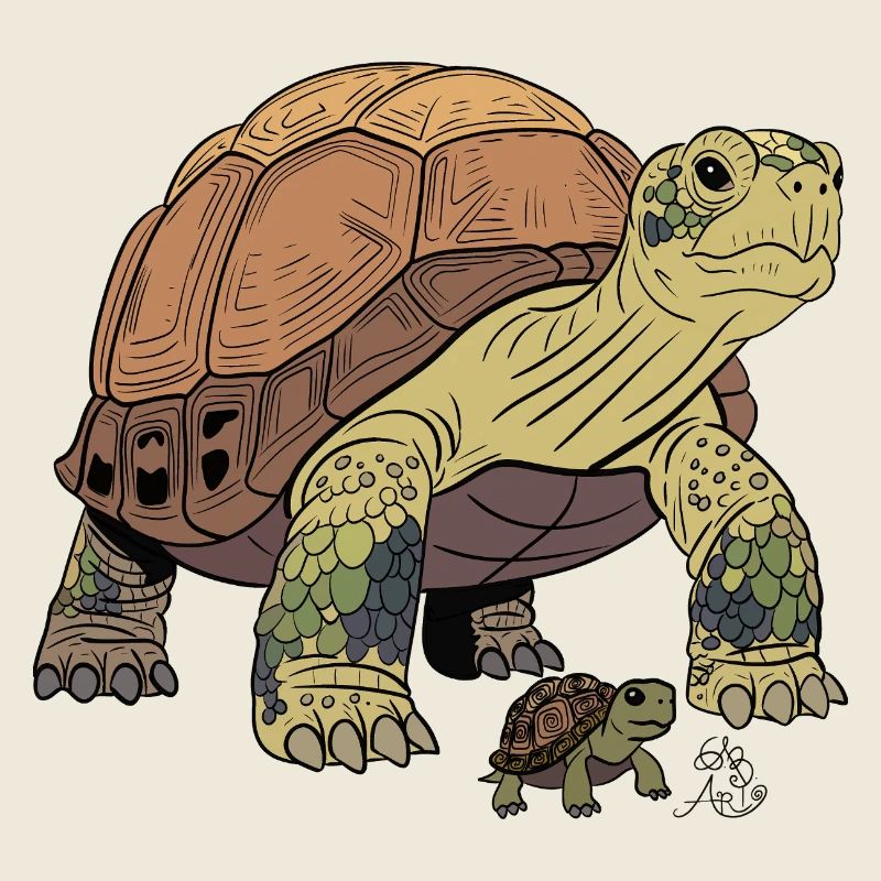 Detailed turtle with cub