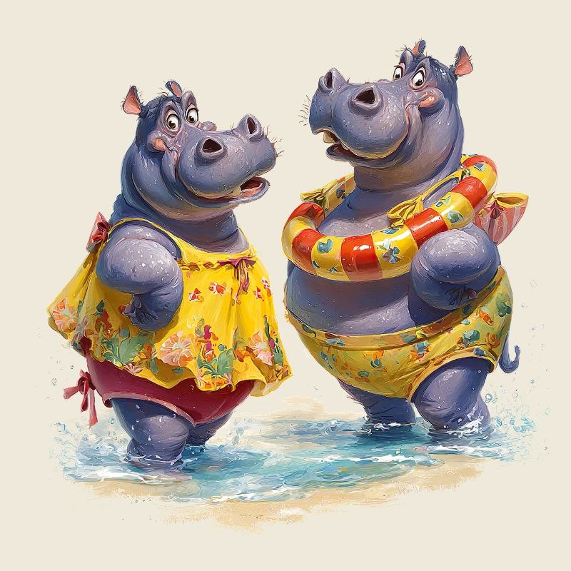 Deux hippopotames en maillot de bain