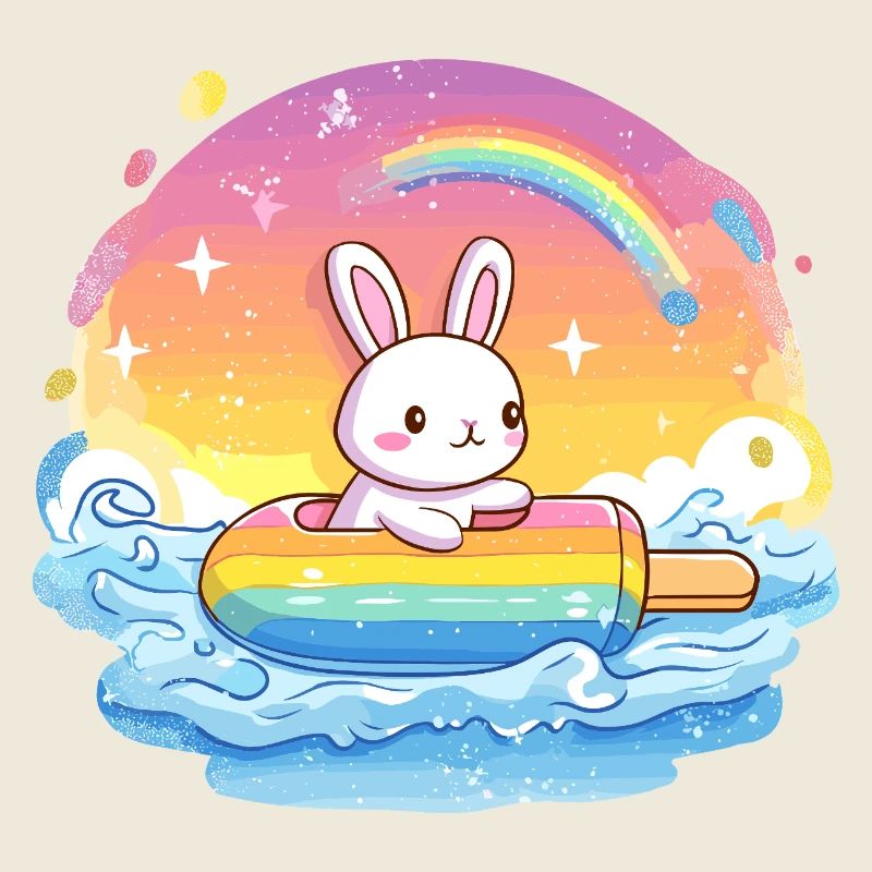 Kleines Bunny surft Regenbogenmeer
