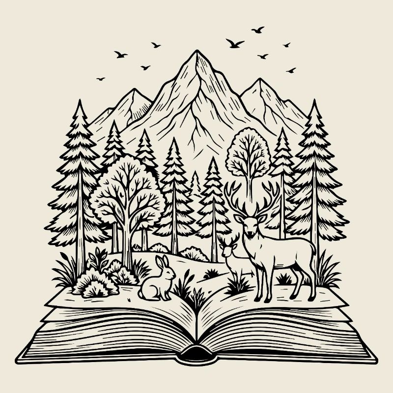 Livre ouvert avec design de forêt, cerf et lapin