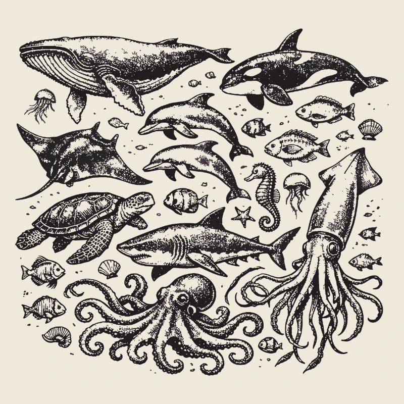Vintage Ocean: Meerestier-Gravur