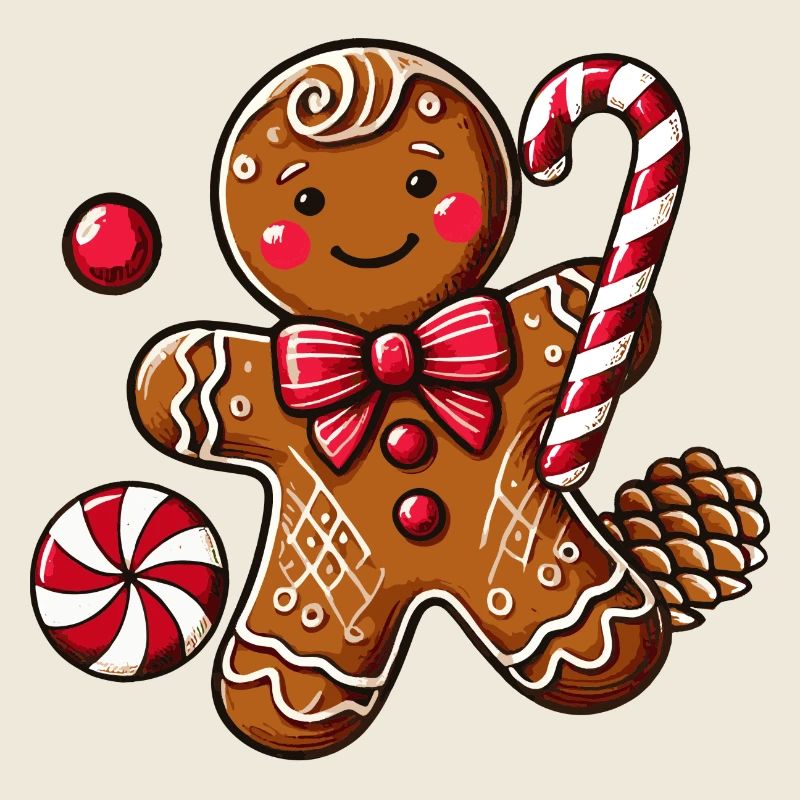 Cheerful gingerbread man with candy cane