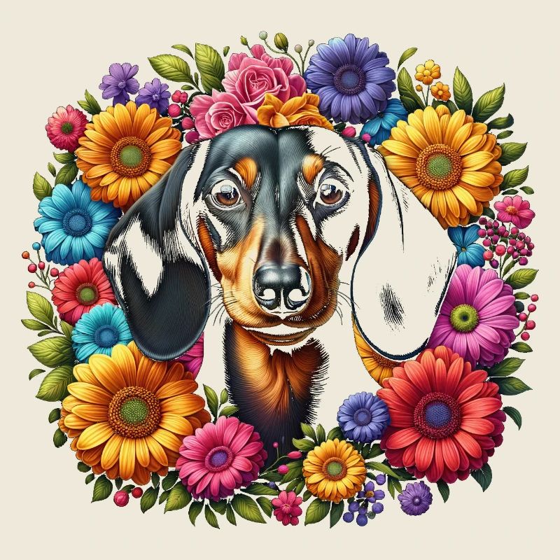 Teckel aux fleurs colorées