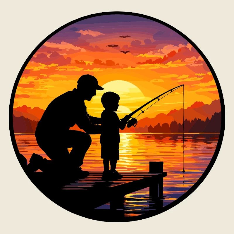 Pêche au coucher de soleil avec papa et enfant