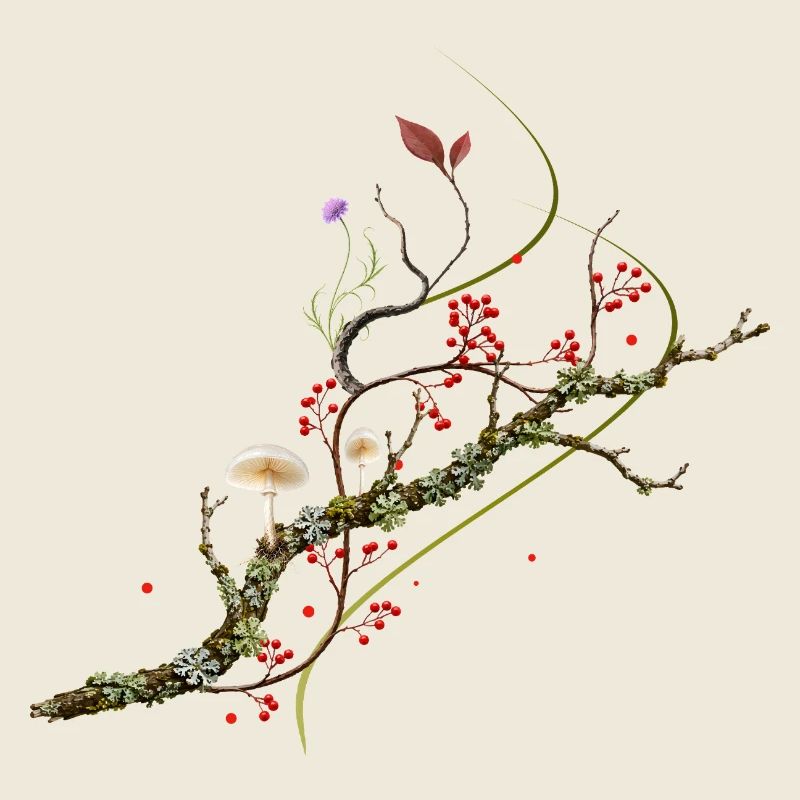 Conception forestière de champignons en porcelaine sur branche de lichen