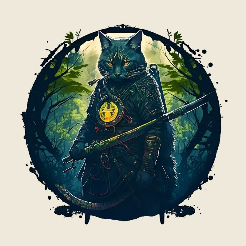 Chat comme samouraï dans la forêt