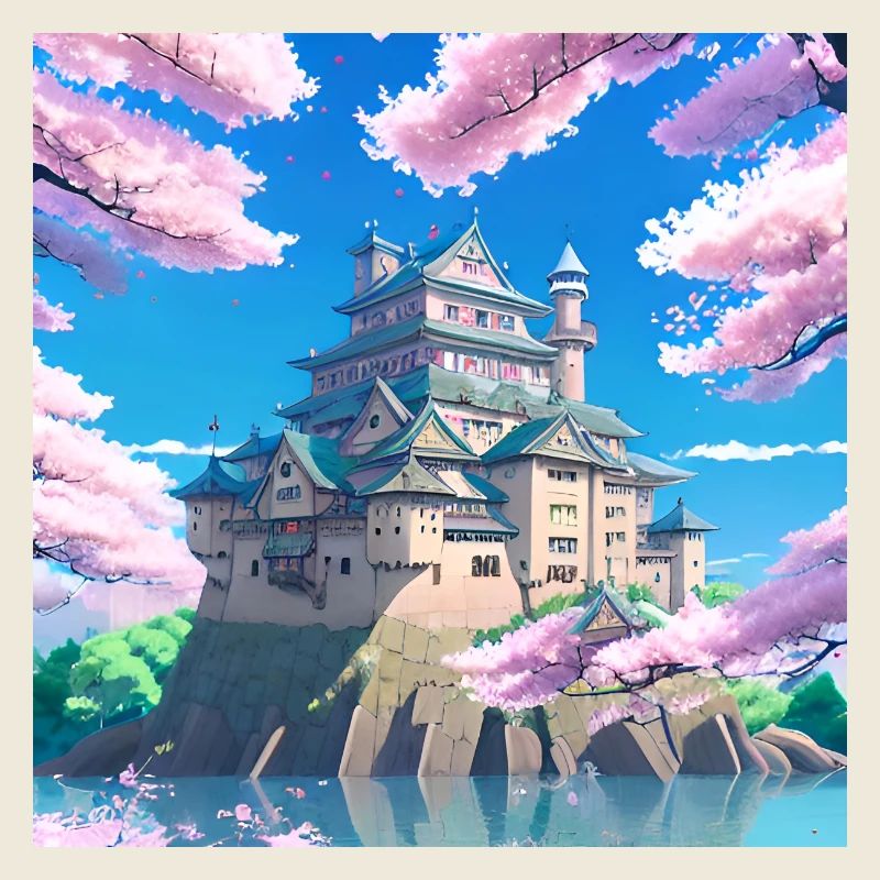 Japanese Castle surrounded by Cherry Blossom Trees