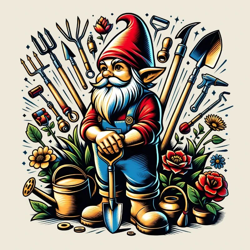Bunter,lebendiger Gartenzwerg umgeben von Werkzeug