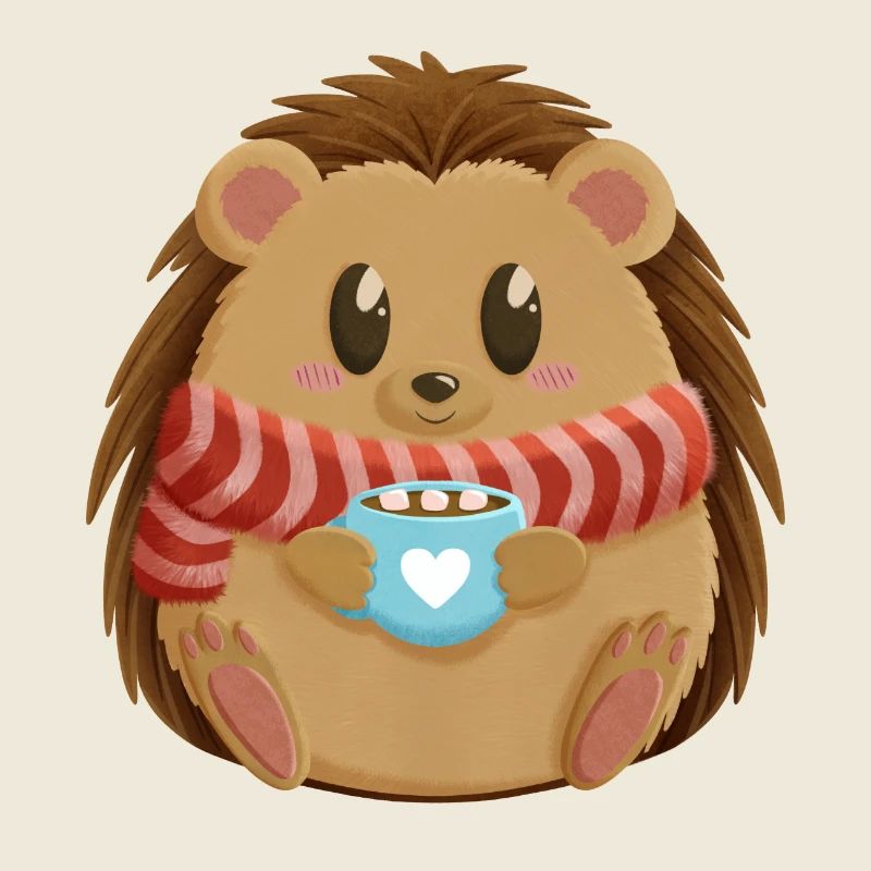 Hérisson mignon en tenue d’hiver avec cacao