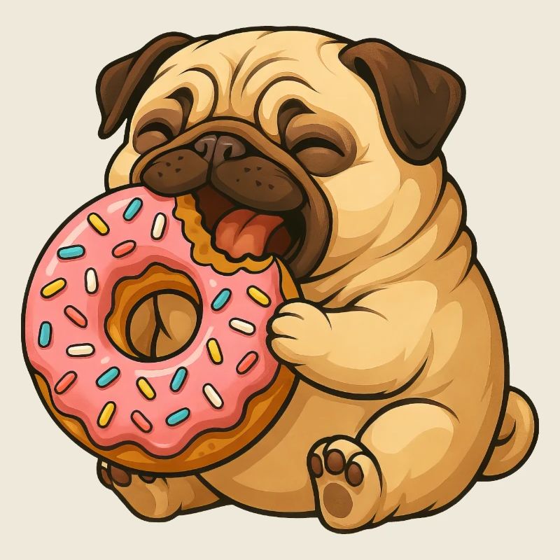 Cute Pug with Donut Cartoon Funny Eating