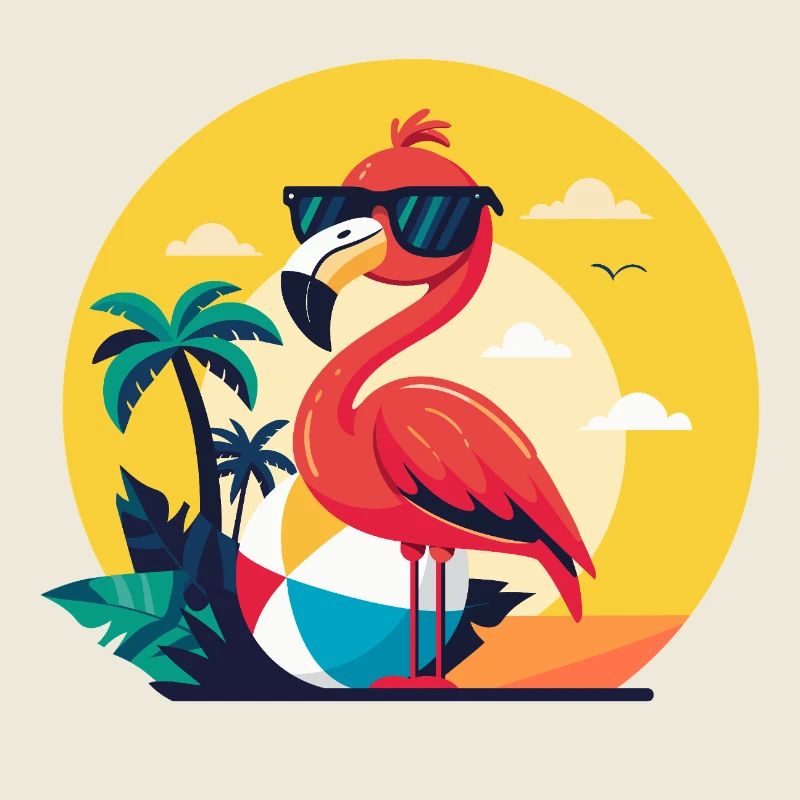 Flamingo, Beachball und Palmen