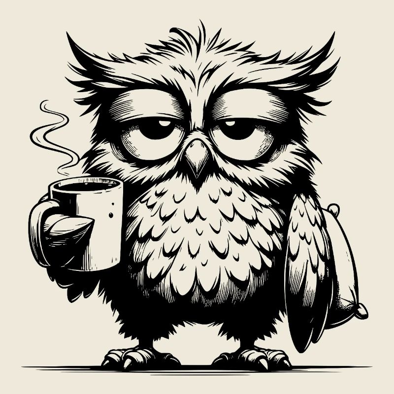 Funny Tired Comic Owl with Coffee Deficit