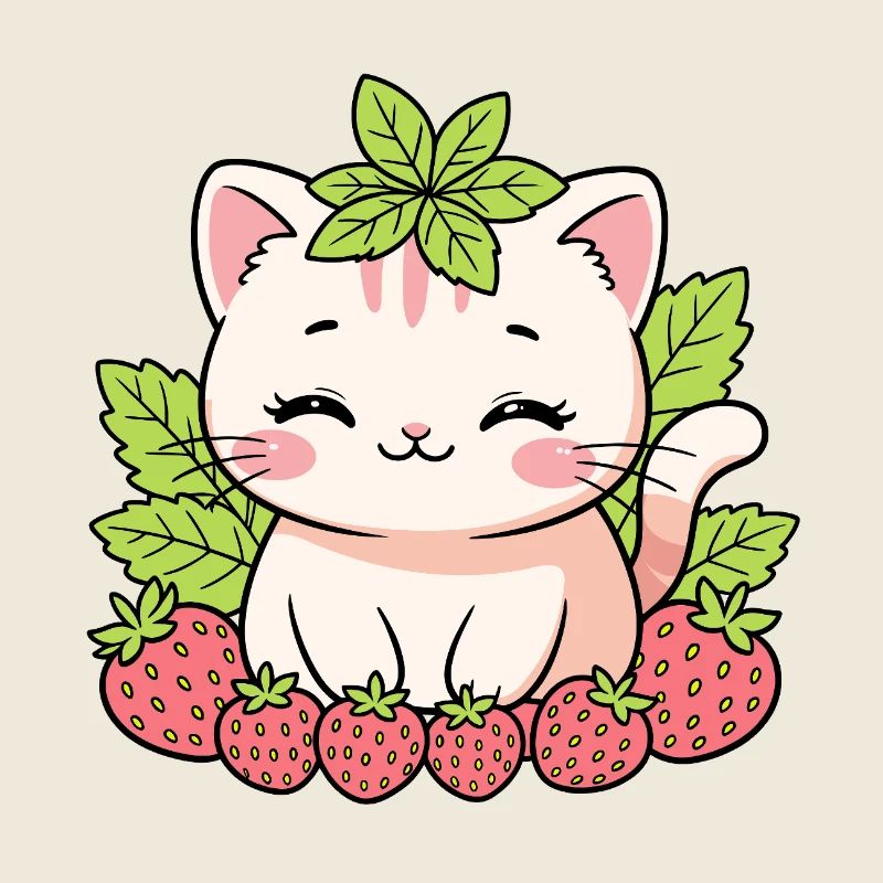 Kätzchen mit Erdbeeren und Blättern