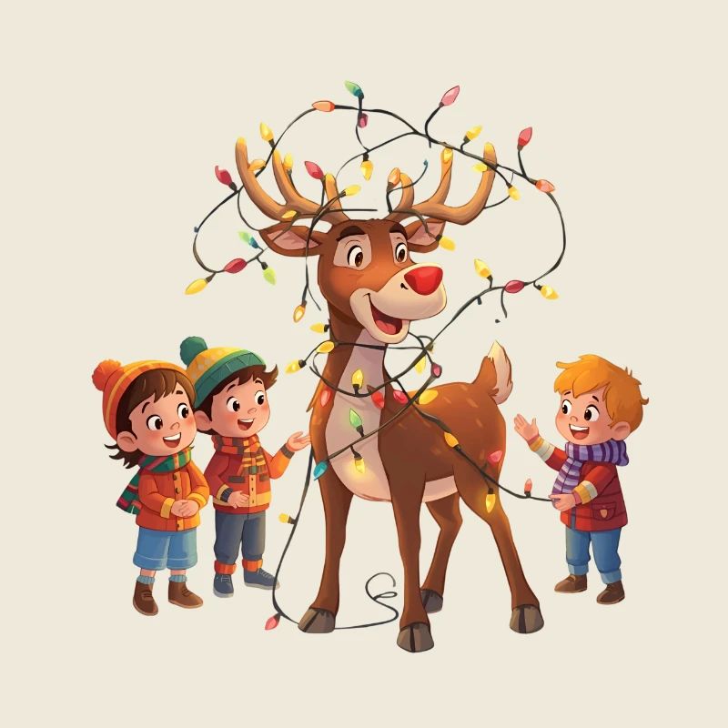 Rentier mit Lichterkette und Kindern