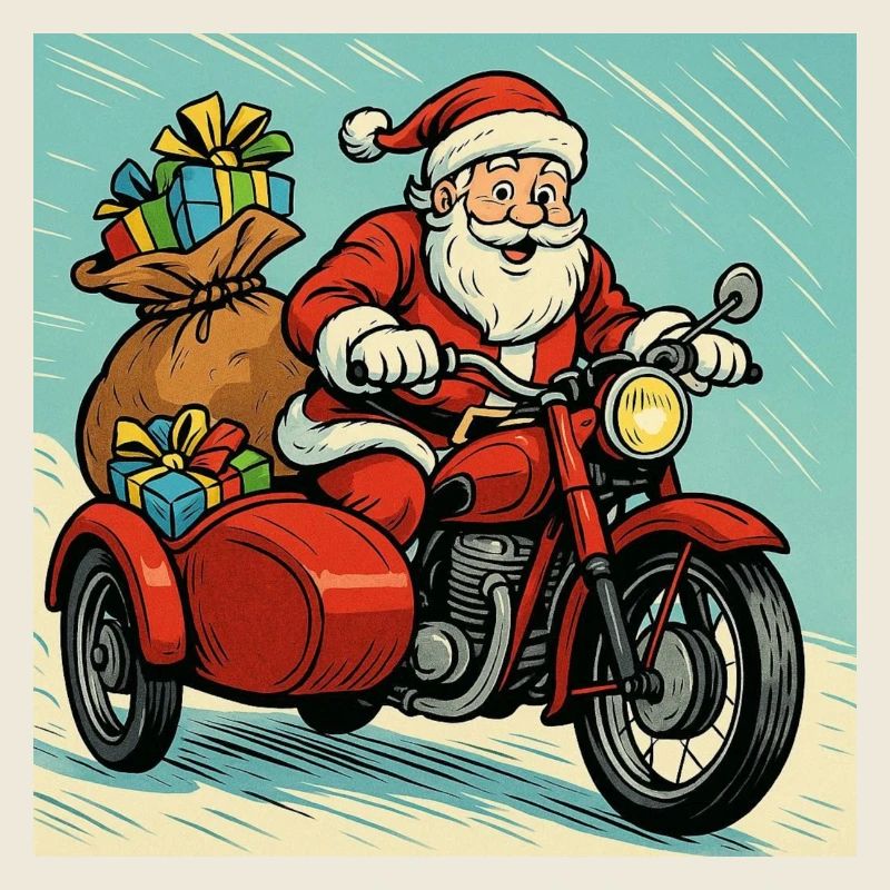 Weihnachtsmann auf einem Motorrad mit Seitenwagen – Comic-Stil