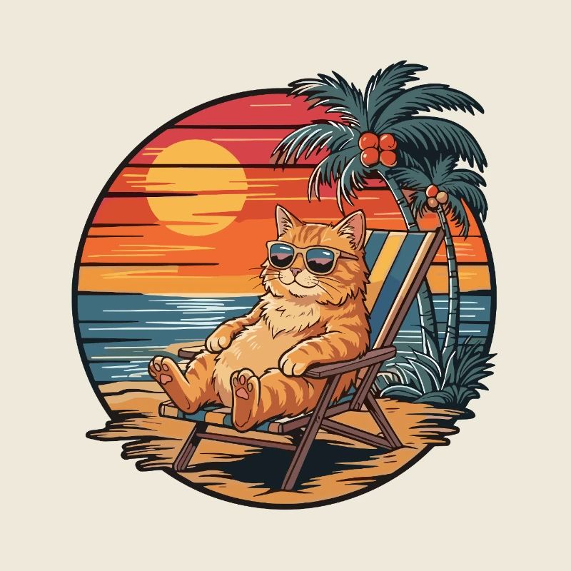 Funny Cat on Beach Summer Vacation Sunset