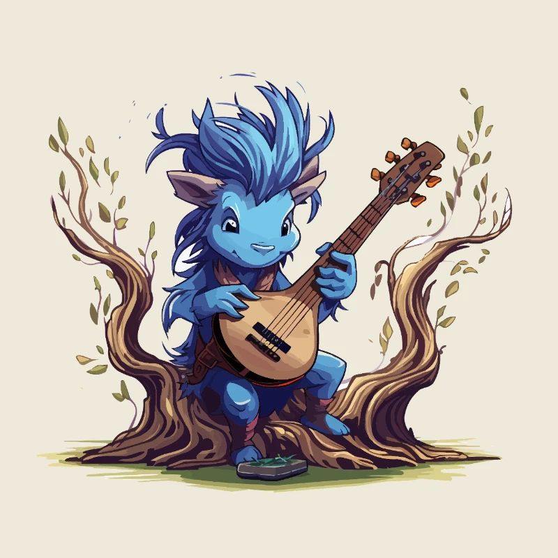 Lutin bleu avec luth dans la forêt