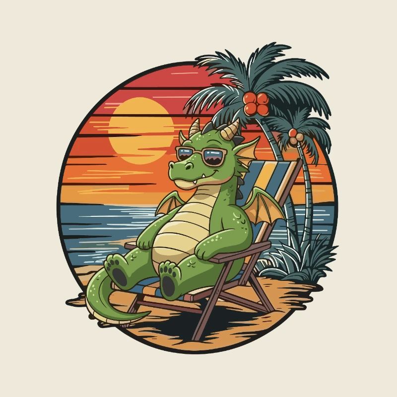Funny Dragon on Beach Summer Vacation Sunset