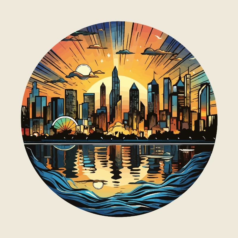 Sunset city on the water