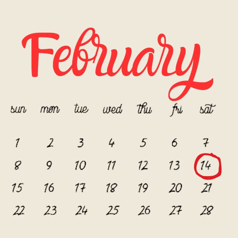 February Calendar in Red Script -Valentine's Day