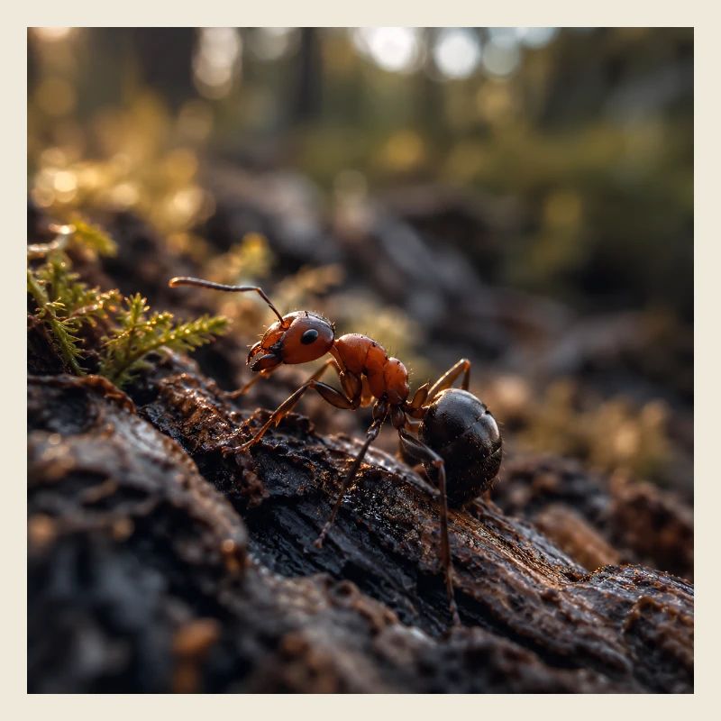 Fourmi rouge sur le bois sous la mousse