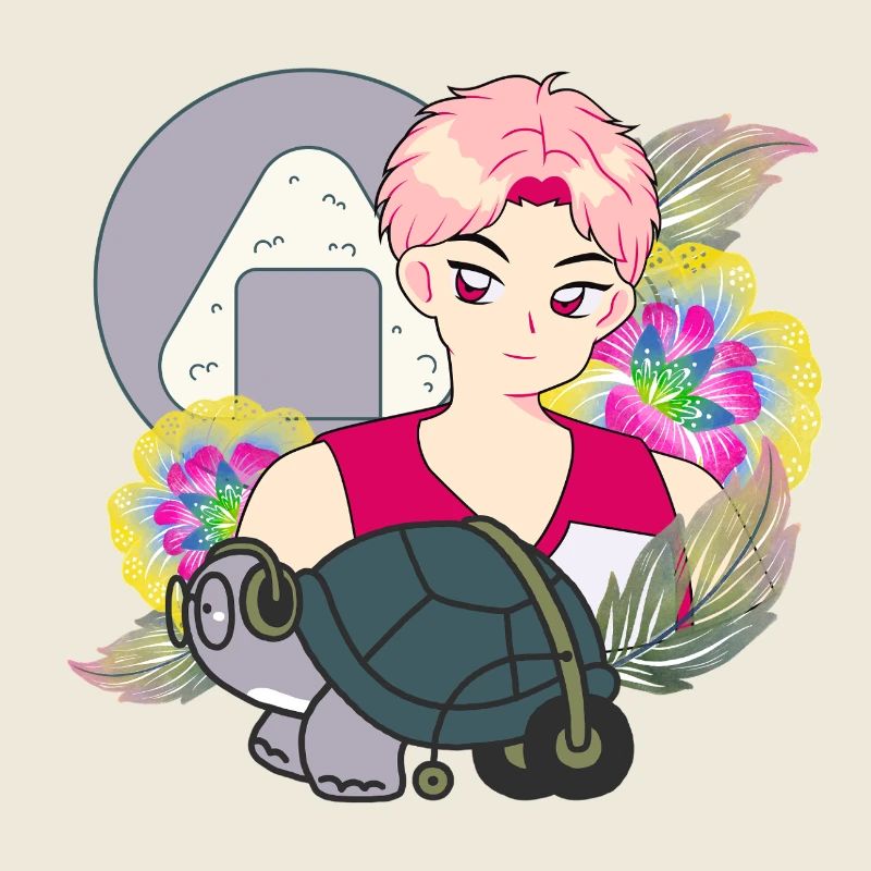 Anime-Junge und Schildkröte mit Walker-Kunst