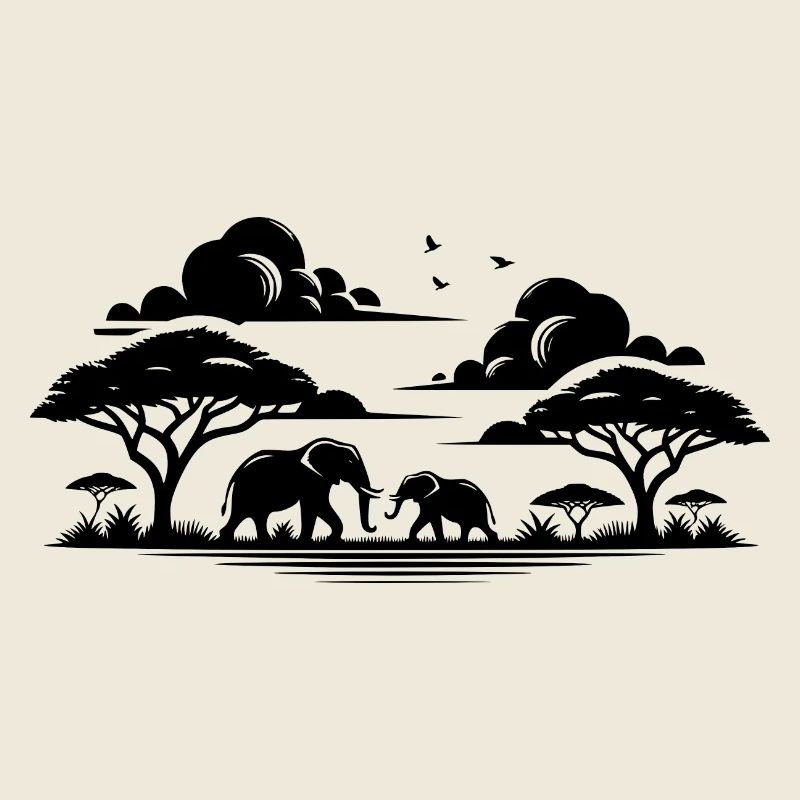 Éléphants dans les savanes africaines Silhouette d’arbre