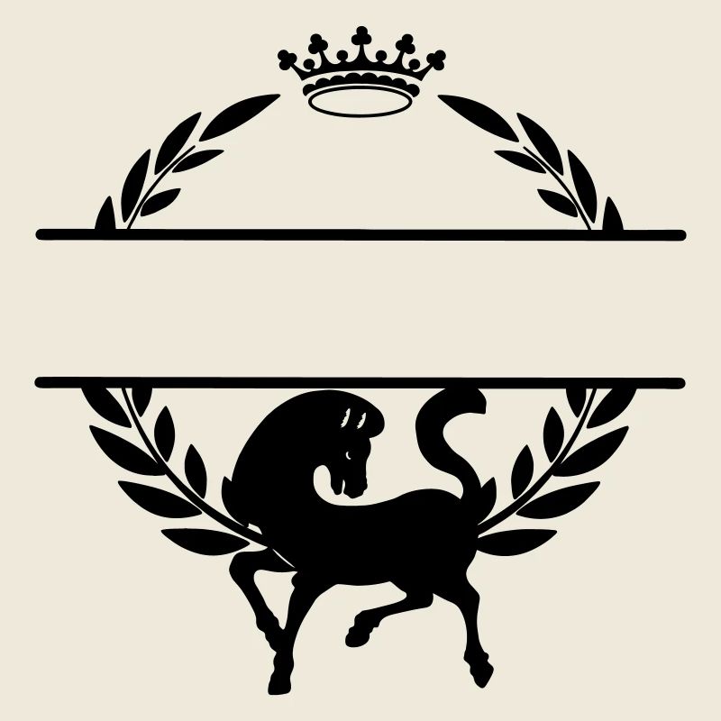 Pferd im Lorbeerkranz mit einer Krone darüber.