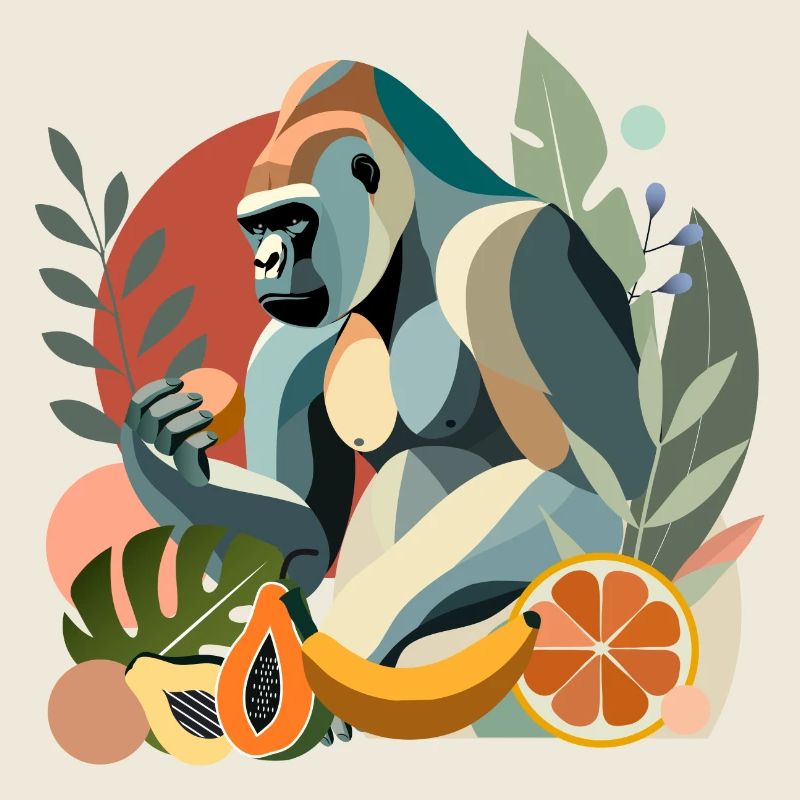 Proud gorilla with banana in tropical environment