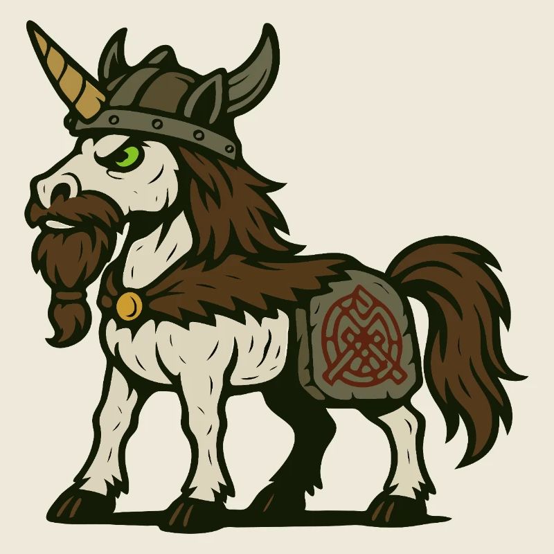 Wikinger-Krieger-Einhorn mit Bart und nordischem Zeichen