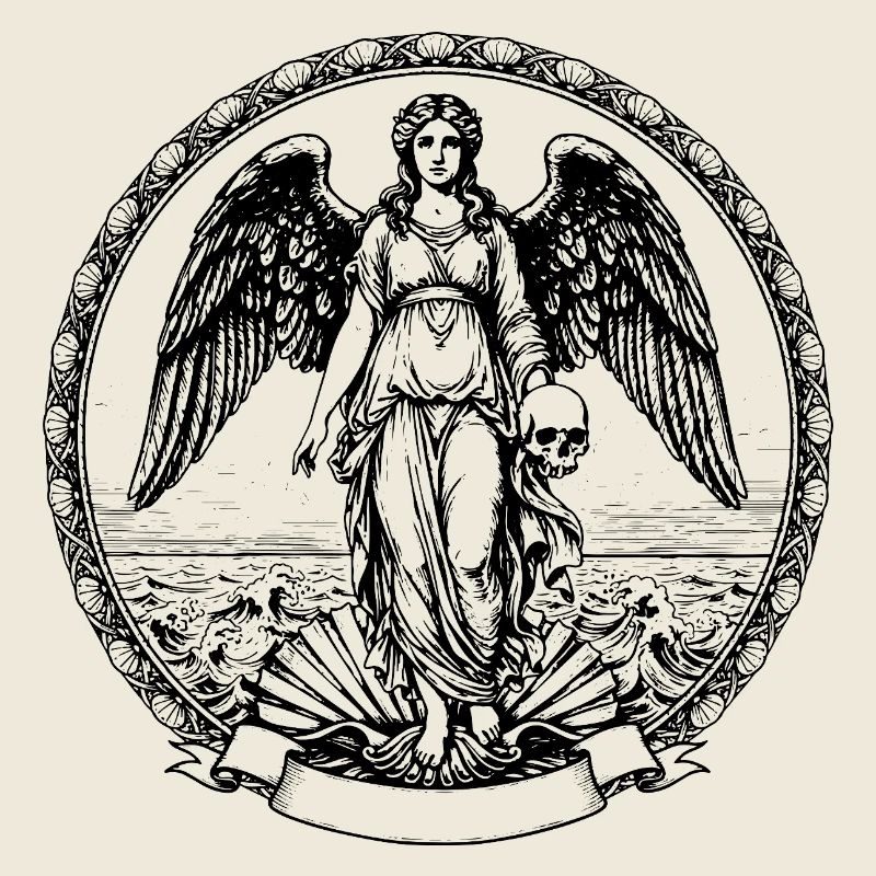 Illustration eines geflügelten Engels mit Schädel