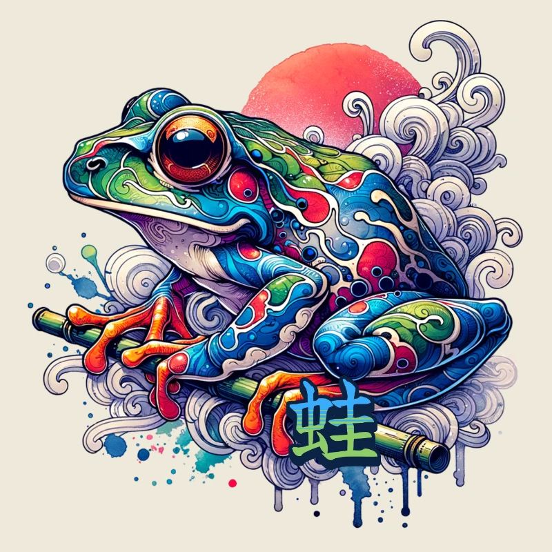 Grenouille japonaise colorée avec coucher de soleil