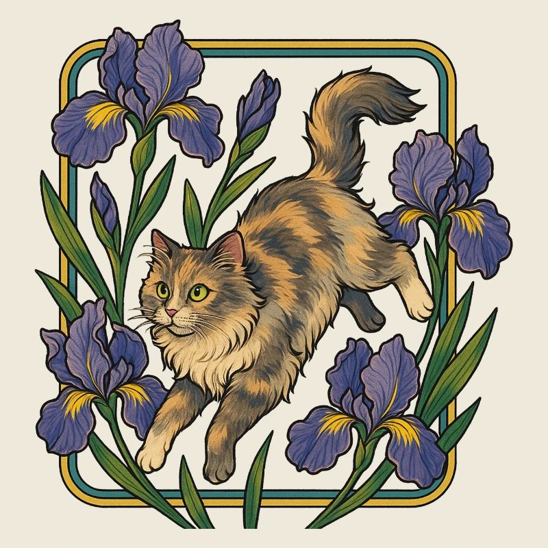 Elegante Katze unter Irisblumen