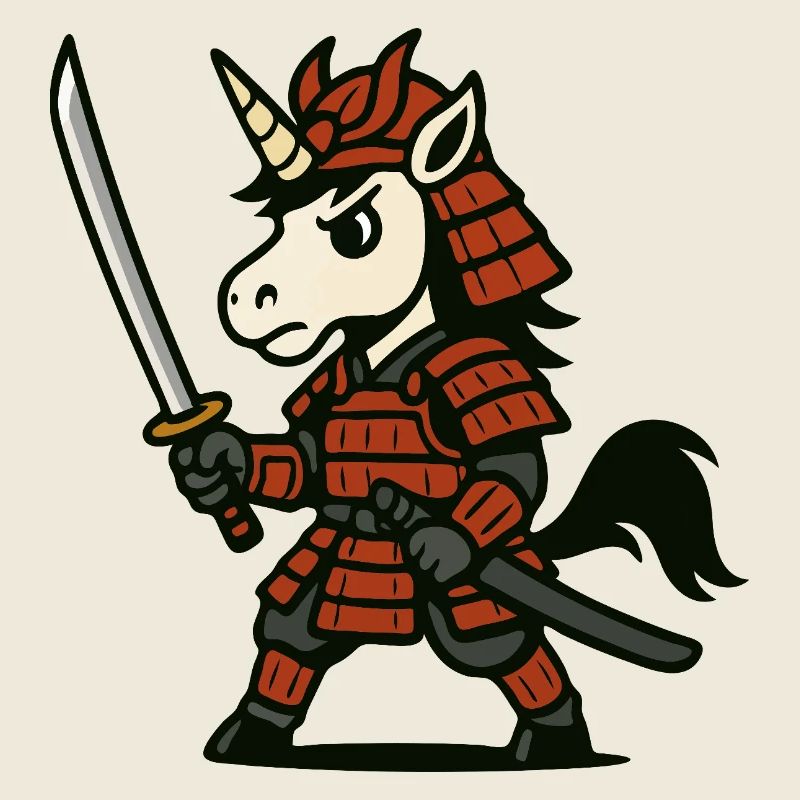 Samurai-Einhornkrieger mit roter Rüstung und Klinge