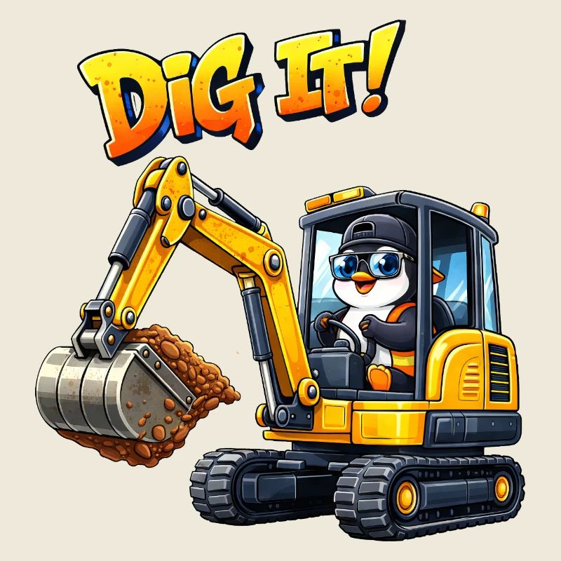 Cute Penguin Cartoon Excavator Driver Construction Equipment Operator