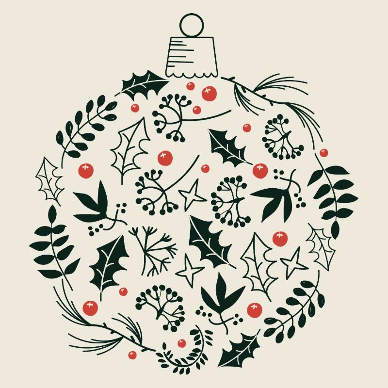 Weihnachtskugel mit Stechpalme und Vogelbeerblättern