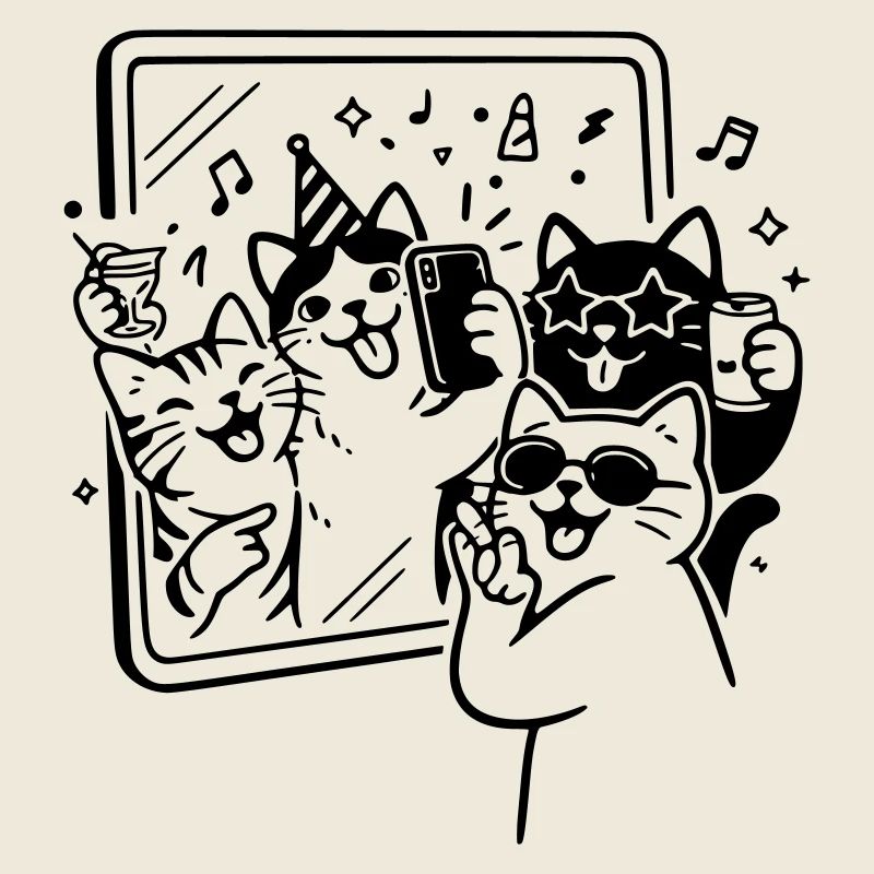 Selfie de fête avec des chats devant le miroir