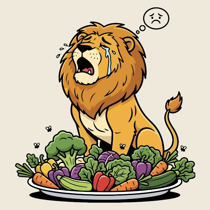 trauriger Löwe am Gemüsebuffet will lieber Fleisch
