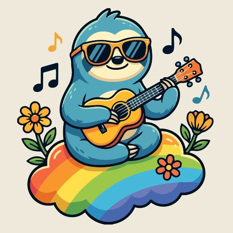 Faultier mit Gitarre auf Regenbogenwolke Hippie