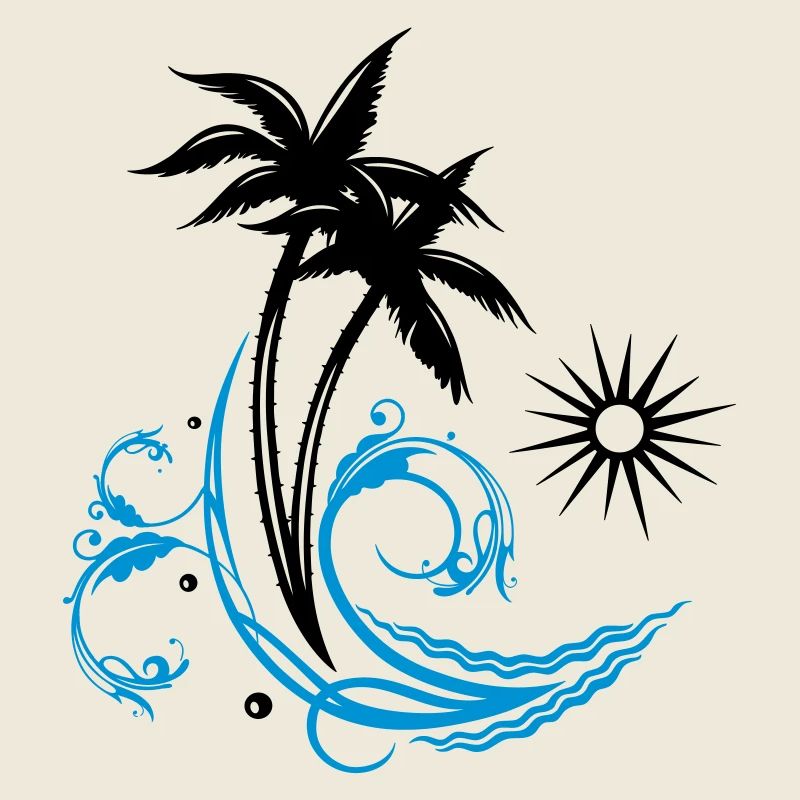 Palm trees with wave and sun, vacation, surf