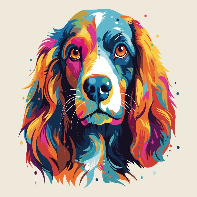Farbenfrohes Pop-Art-Porträt eines bretonischen Spaniel-Hundes