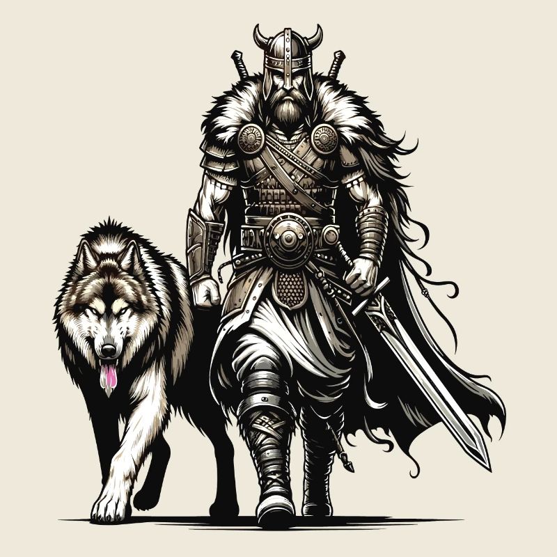 Ein Wikingerkrieger mit seinem wilden Wolf.