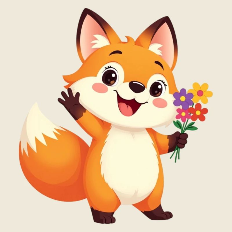 Renard de dessin animé joyeux avec bouquet de fleurs