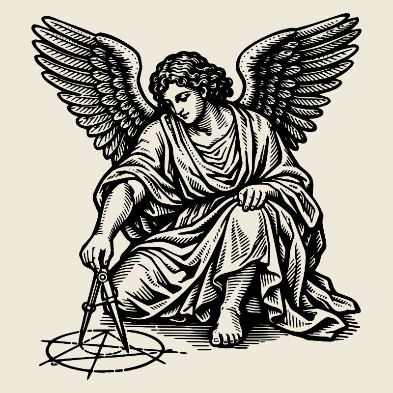 angel drawing geometric figures with compasses