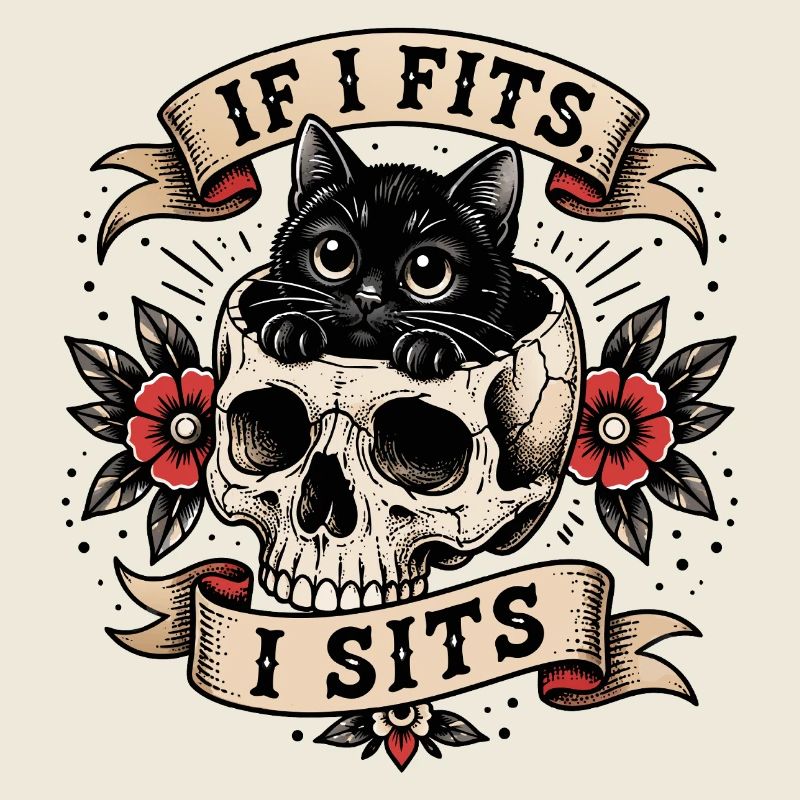 Cat in Skull Oldschool Tattoo Design