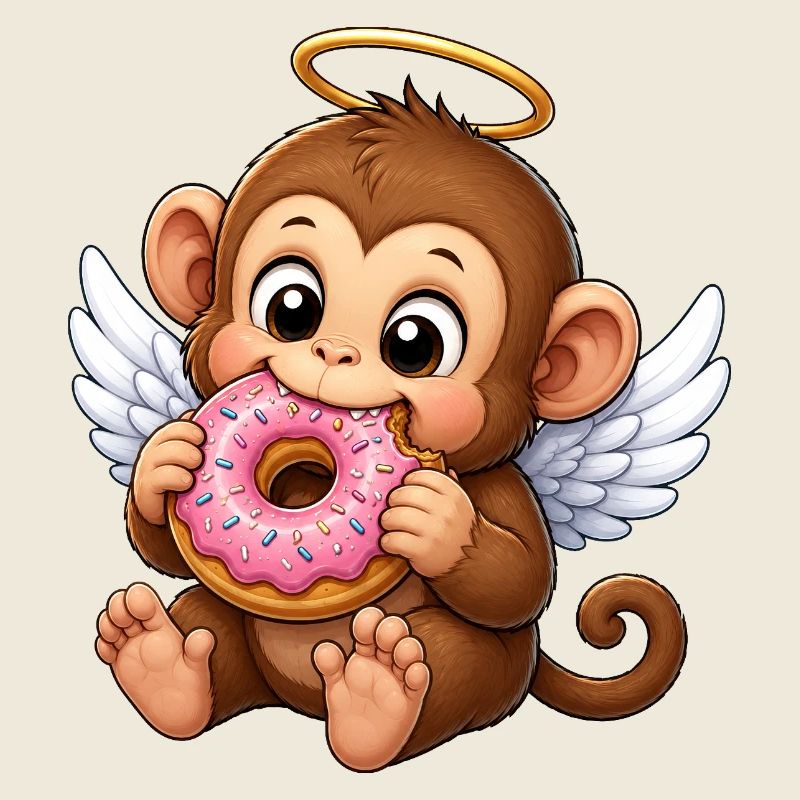 Dessin animé singe singe chimpanzé ange et beignet grignotant