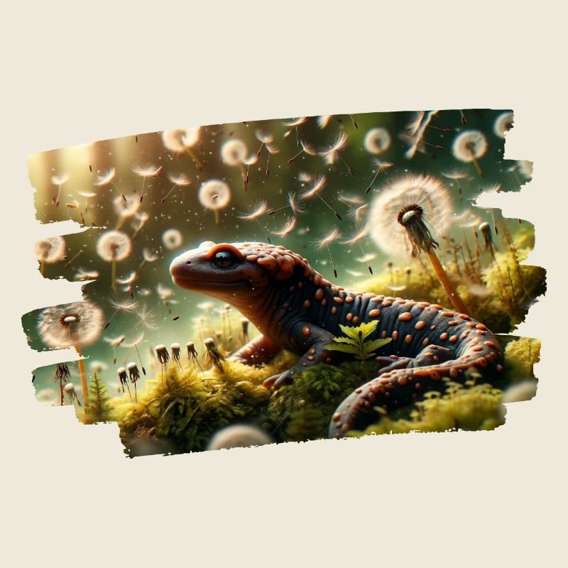 Salamander among floating dandelion seeds