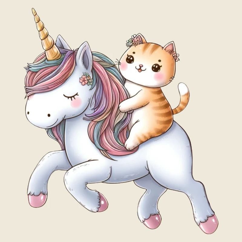 Petite licorne avec un chat comme cavalier